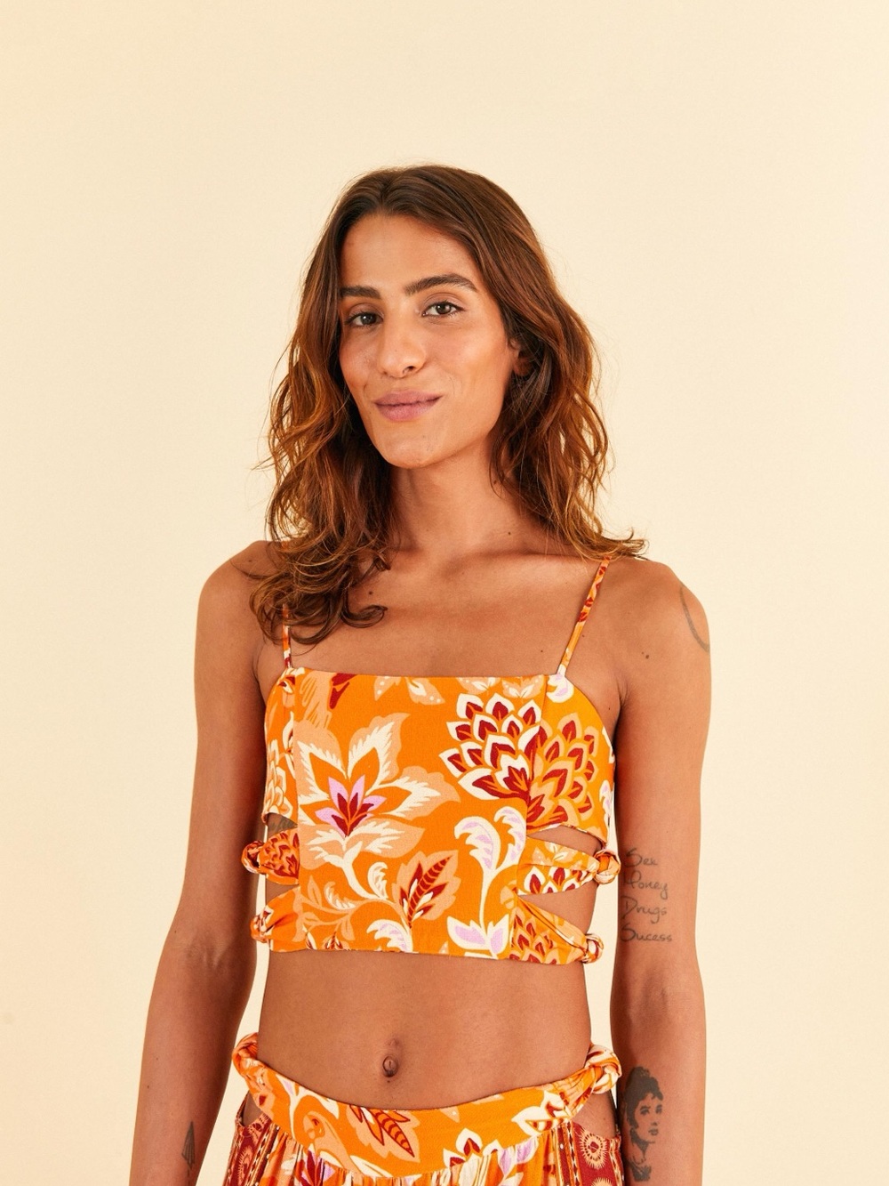 NWT Farm Rio Orange Floral Printed Cutout Linen Blend Crop Top size XL